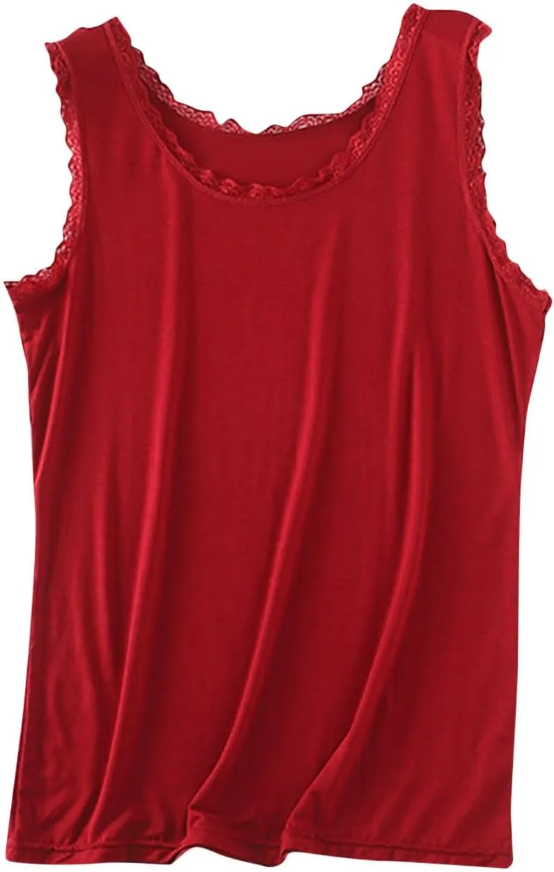 Women's Cotton Camisole Tank Tops Loose Fit Lace Trim Sexy 2025 Summer Crew Neck Sleeveless Going Out Tops Basic Tee