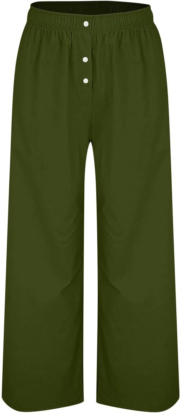 Womens Cotton Linen Wide Leg Pants Summer Lightweight High Waist Palazzo Pant Beach Flowy Button Trouser with Pocket