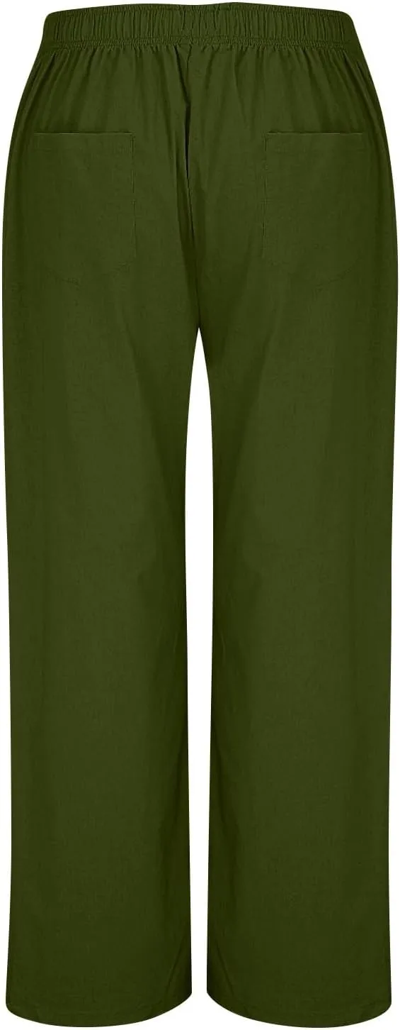 Womens Cotton Linen Wide Leg Pants Summer Lightweight High Waist Palazzo Pant Beach Flowy Button Trouser with Pocket