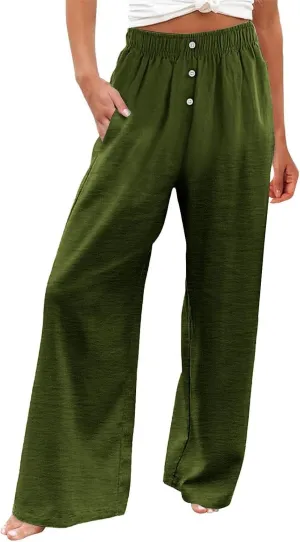Womens Cotton Linen Wide Leg Pants Summer Lightweight High Waist Palazzo Pant Beach Flowy Button Trouser with Pocket