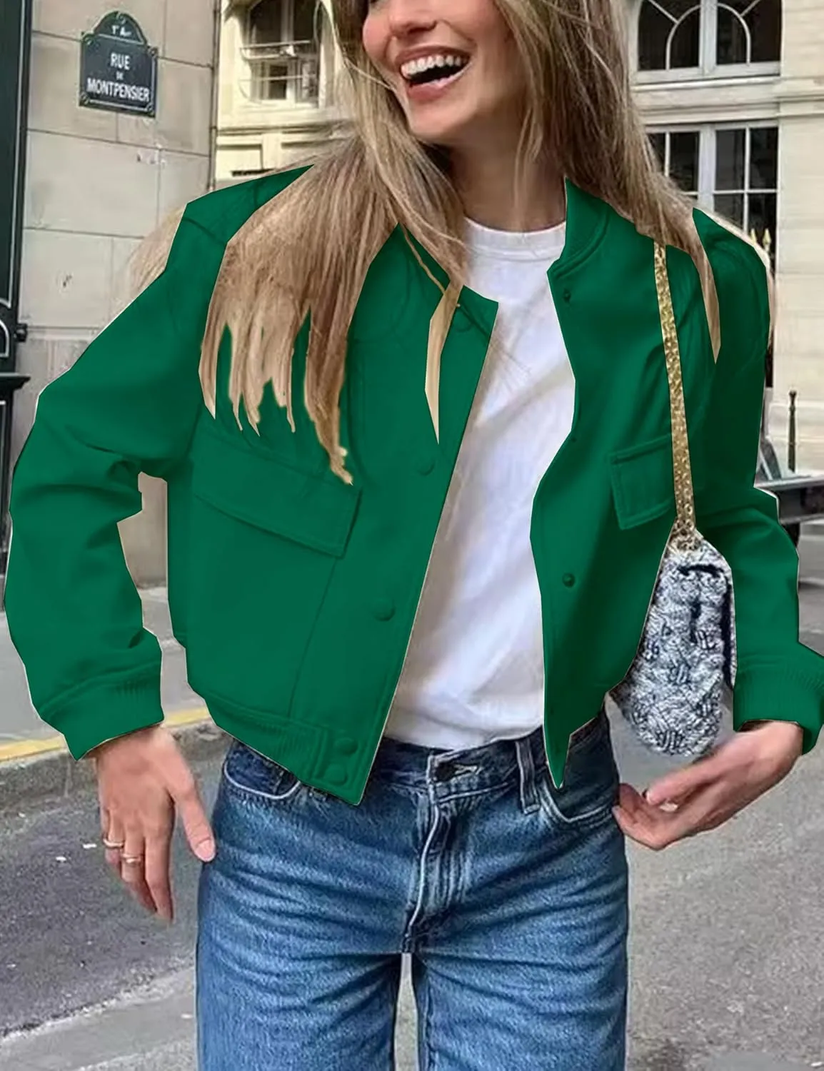 Womens Cropped Bomber Jacket Button Down Varsity Jackets Shackets with Pockets