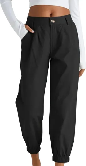 Women's Cropped Harem Pants Lightweight Solid Color Casual Sport Pant Trendy High Waist Cinch Bottom with Zipper Pocket