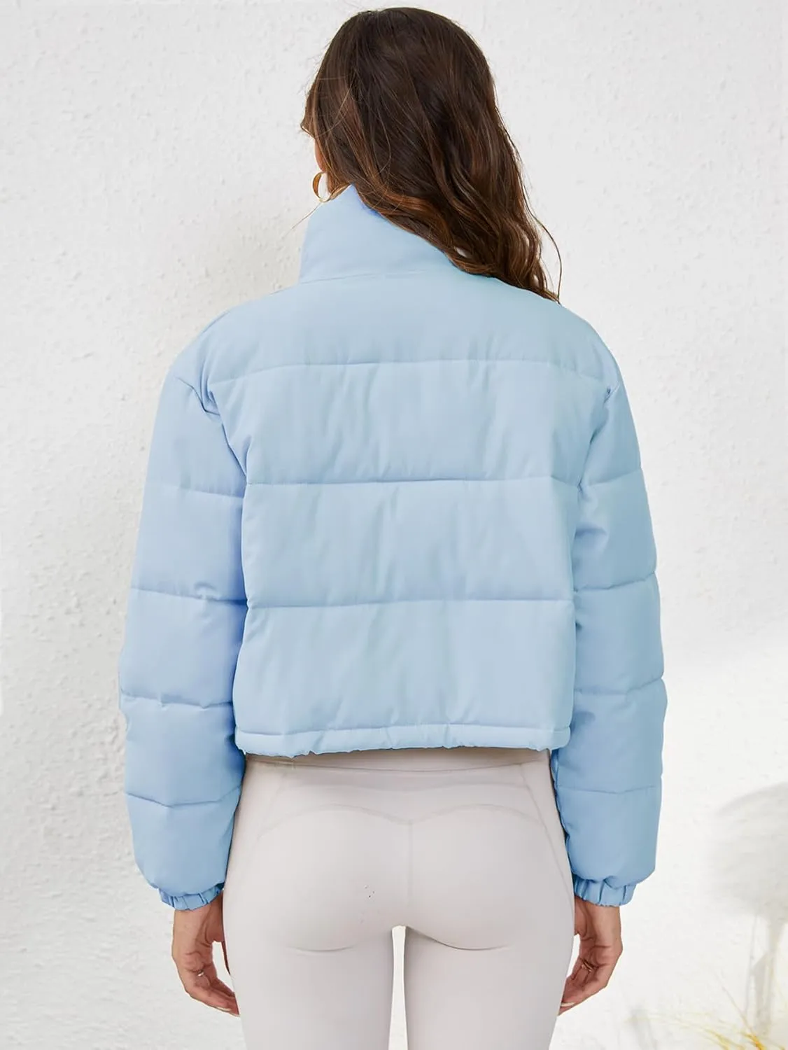 Women's Cropped Puffer Jacket Long Sleeve Puffy Coat Stand Collar Zip UP Quilted Padded Drawstring Outwear with Pockets