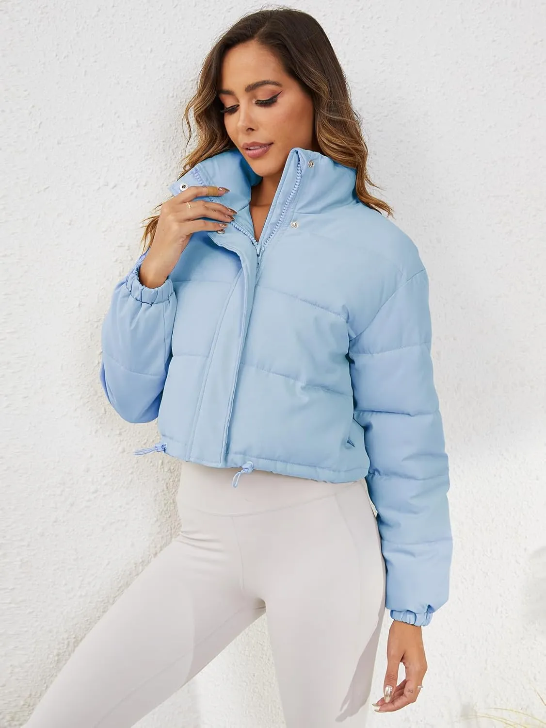 Women's Cropped Puffer Jacket Long Sleeve Puffy Coat Stand Collar Zip UP Quilted Padded Drawstring Outwear with Pockets