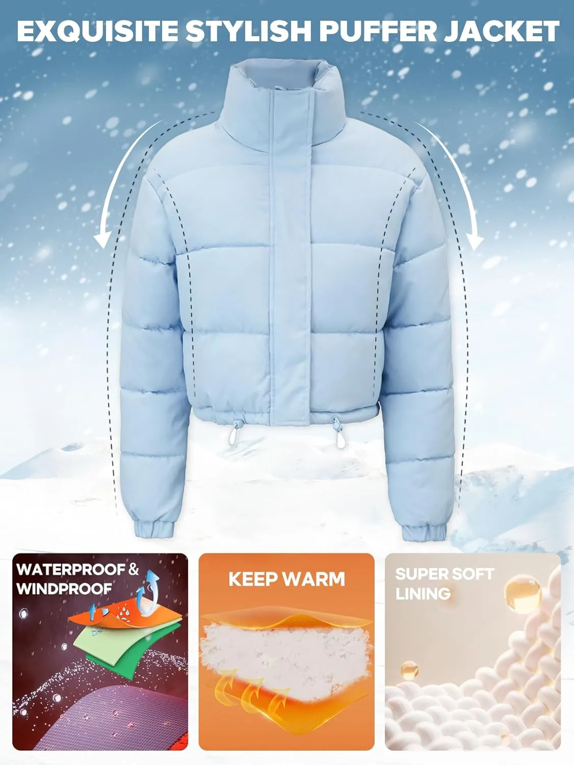 Women's Cropped Puffer Jacket Long Sleeve Puffy Coat Stand Collar Zip UP Quilted Padded Drawstring Outwear with Pockets