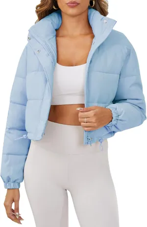Women's Cropped Puffer Jacket Long Sleeve Puffy Coat Stand Collar Zip UP Quilted Padded Drawstring Outwear with Pockets