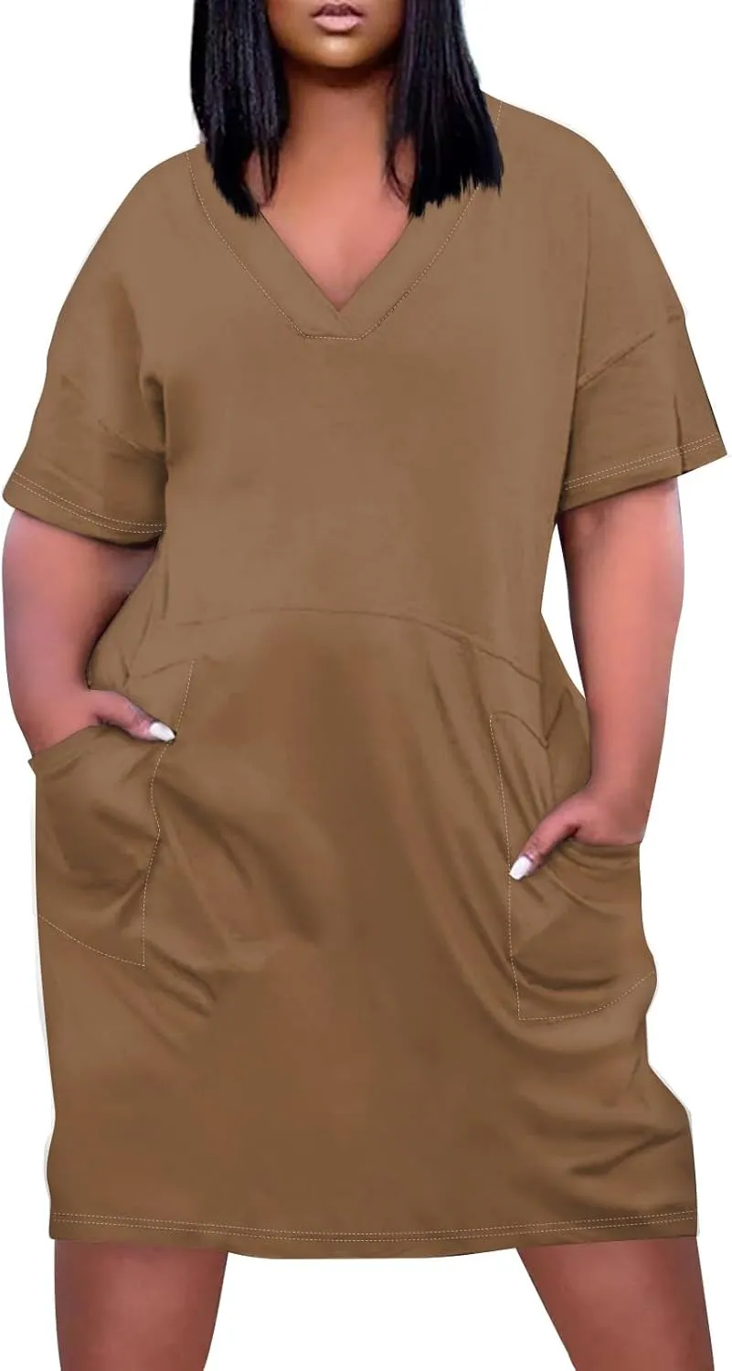 Women's Cruise Outfits 2025 Summer Casual Loose Trendy Short Sleeve V-Neck Solid Sun Beach Dress Plus Size, L-5XL