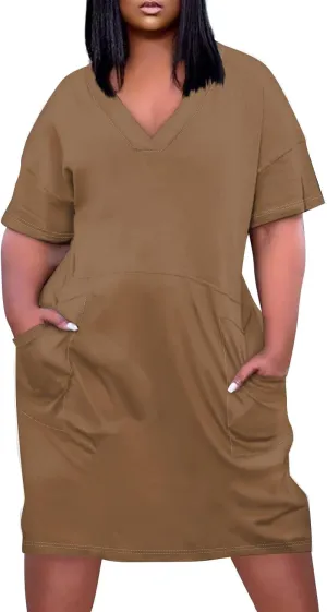 Women's Cruise Outfits 2025 Summer Casual Loose Trendy Short Sleeve V-Neck Solid Sun Beach Dress Plus Size, L-5XL