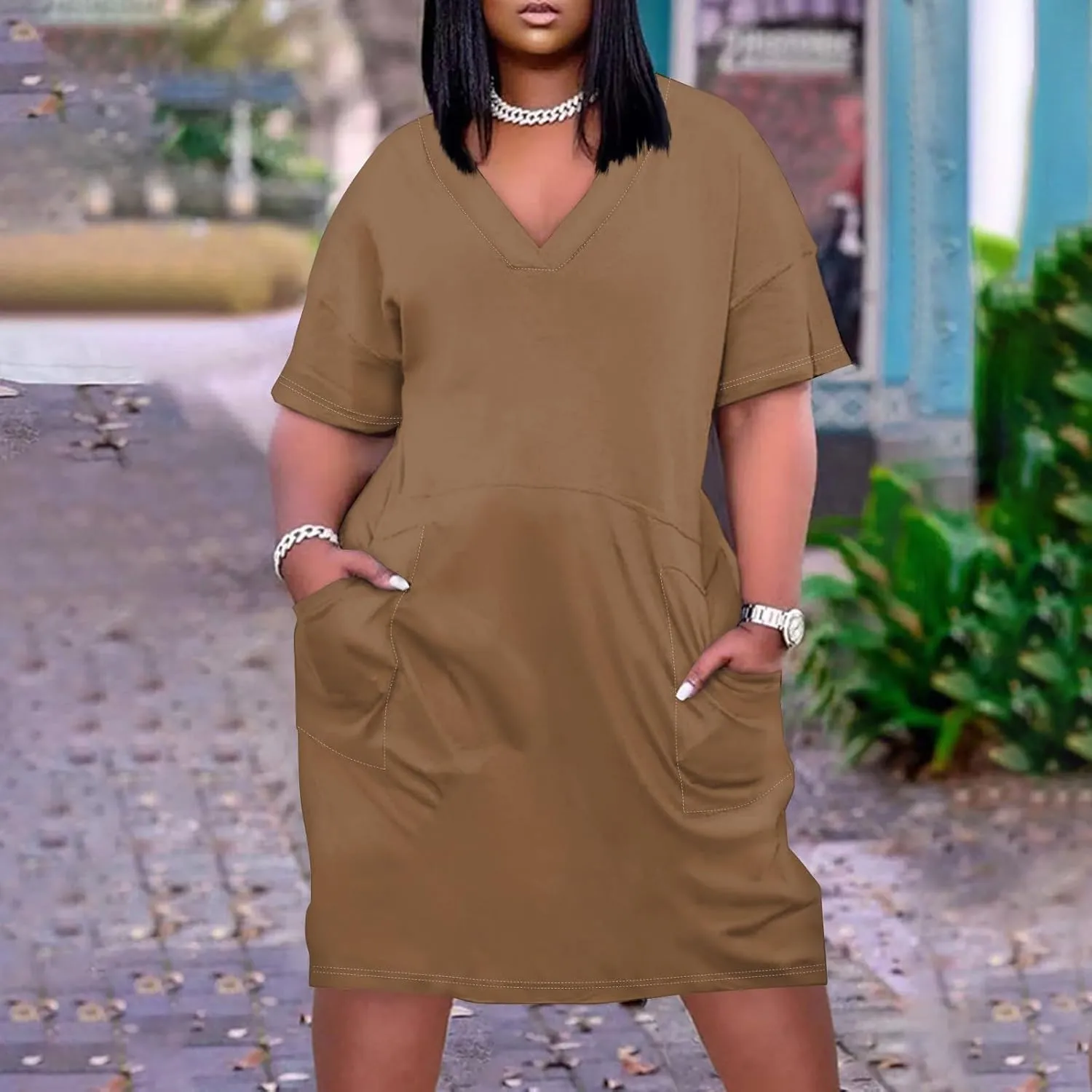 Women's Cruise Outfits 2025 Summer Casual Loose Trendy Short Sleeve V-Neck Solid Sun Beach Dress Plus Size, L-5XL