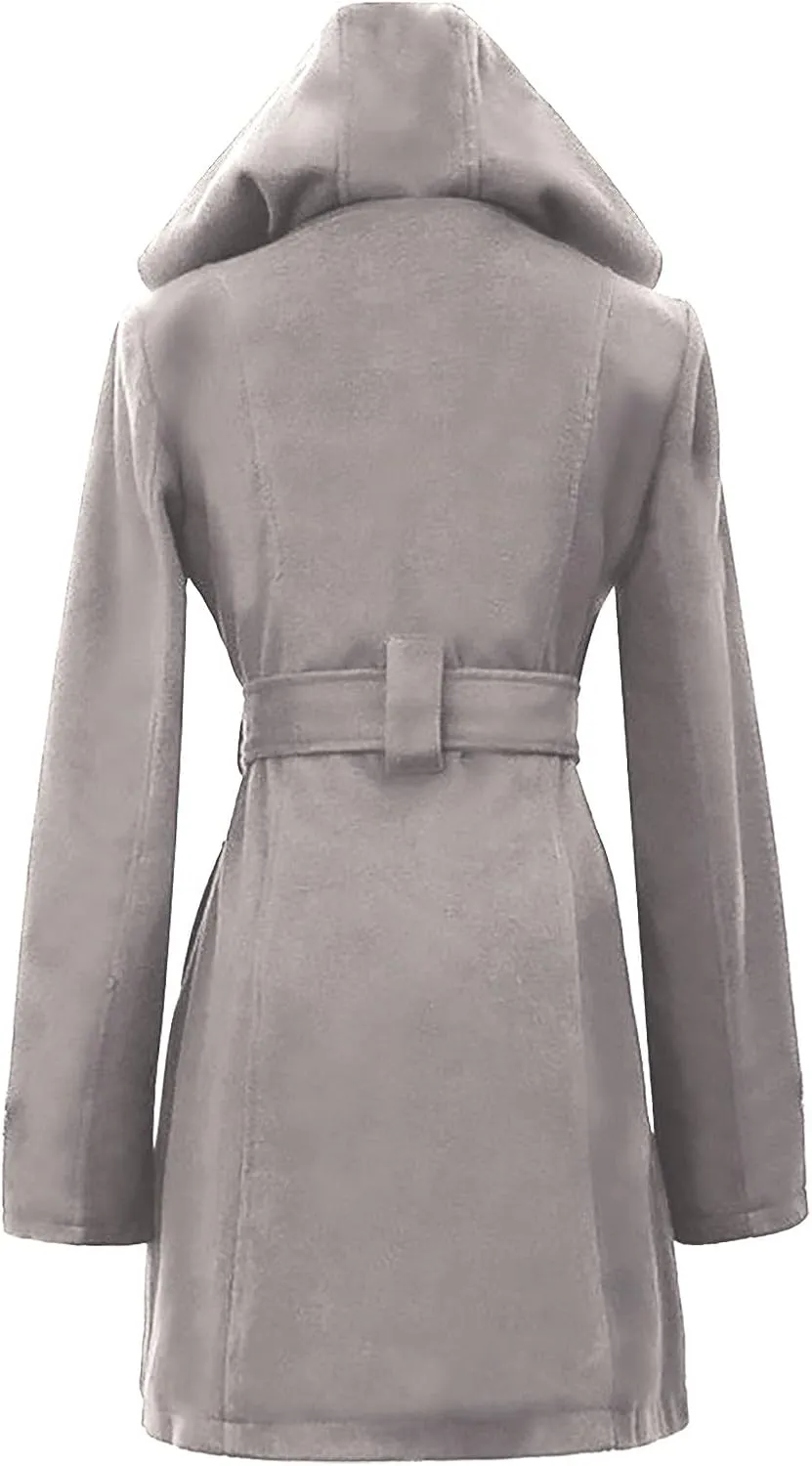 Women's Double Breasted Pea Coat Fashion Plaid Lining Hooded Mid-Long Trench Coat with Belt Slim Warm Winter Coats