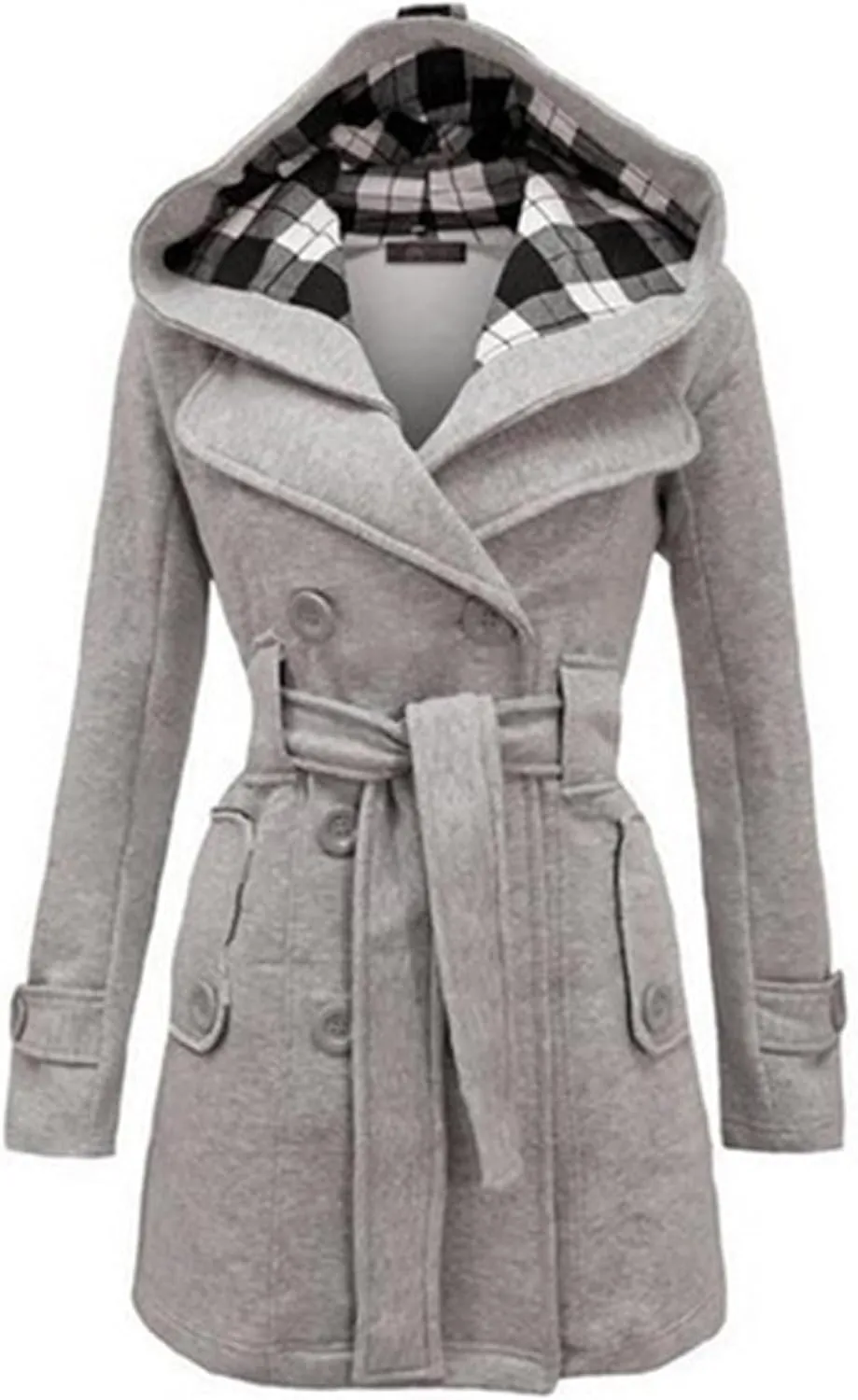 Women's Double Breasted Pea Coat Fashion Plaid Lining Hooded Mid-Long Trench Coat with Belt Slim Warm Winter Coats