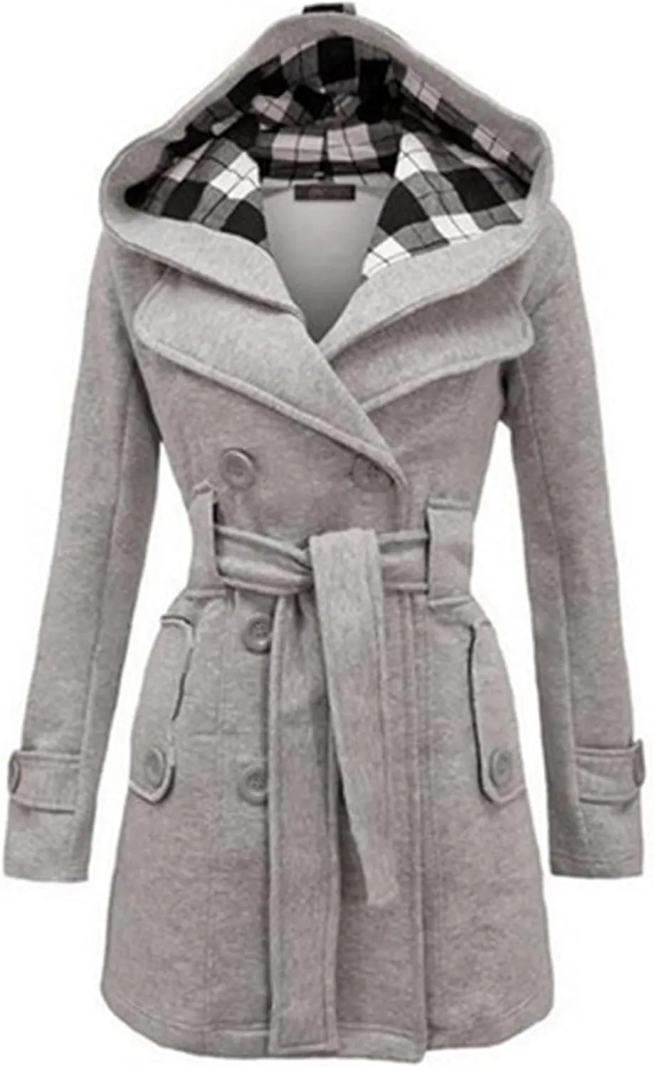Women's Double Breasted Pea Coat Fashion Plaid Lining Hooded Mid-Long Trench Coat with Belt Slim Warm Winter Coats