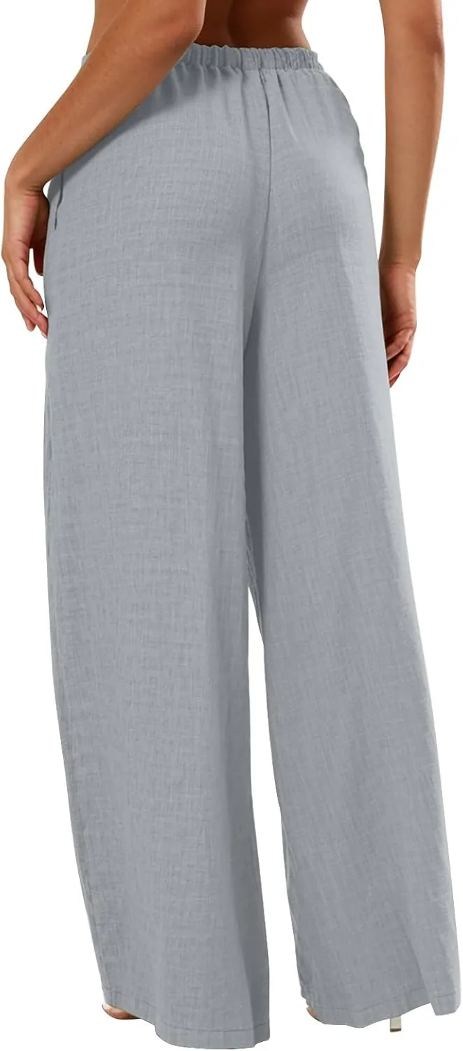 Women's Fashion Casual Solid Wide Leg Pants Drawstring Elastic Low Waist Sports Cotton Linen Trousers with Pockets