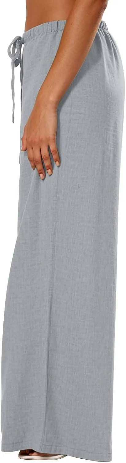 Women's Fashion Casual Solid Wide Leg Pants Drawstring Elastic Low Waist Sports Cotton Linen Trousers with Pockets