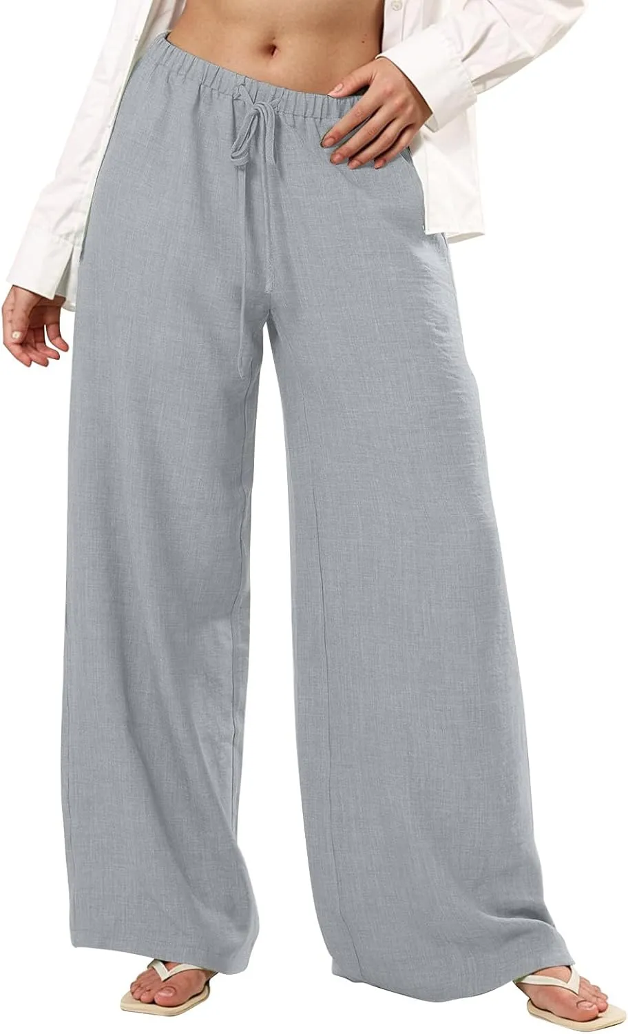 Women's Fashion Casual Solid Wide Leg Pants Drawstring Elastic Low Waist Sports Cotton Linen Trousers with Pockets