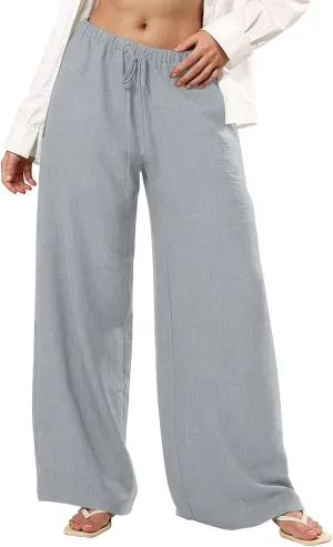 Women's Fashion Casual Solid Wide Leg Pants Drawstring Elastic Low Waist Sports Cotton Linen Trousers with Pockets