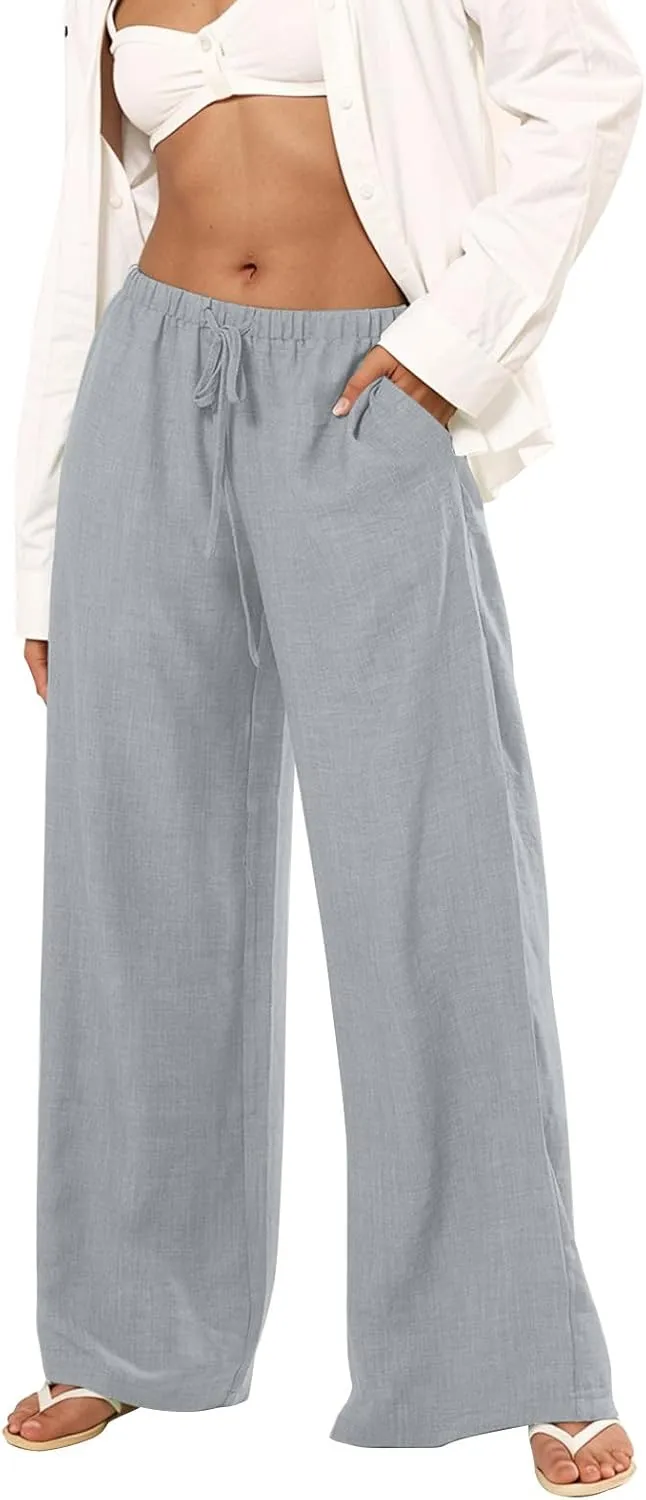Women's Fashion Casual Solid Wide Leg Pants Drawstring Elastic Low Waist Sports Cotton Linen Trousers with Pockets