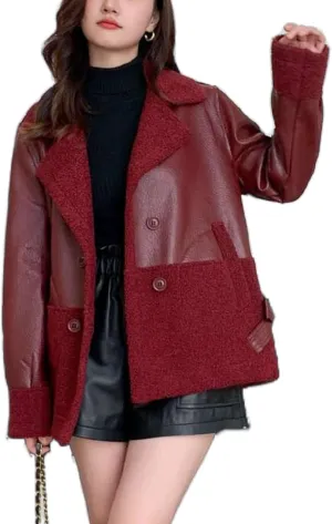 Women's Faux Shearing Moto Jackets Winter Sherpa Fleece Patchwork Leather Jackets