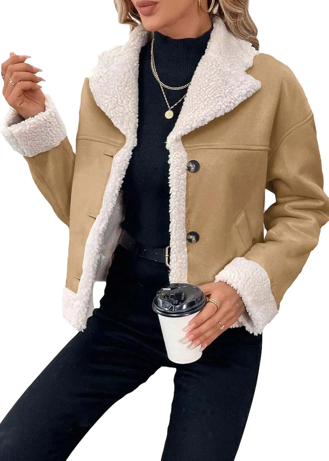 Womens Faux Suede Jacket Sherpa Lined Fur Leather 2025 Winter Warm Shearling Moto Button Front Fleece Fuzzy Coat