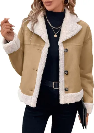 Womens Faux Suede Jacket Sherpa Lined Fur Leather 2025 Winter Warm Shearling Moto Button Front Fleece Fuzzy Coat
