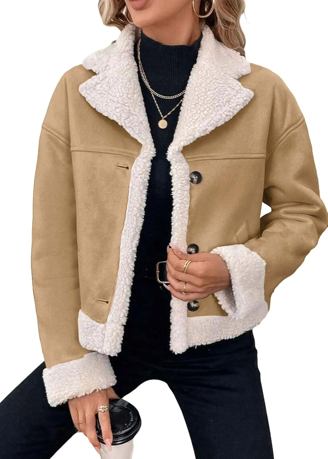 Womens Faux Suede Jacket Sherpa Lined Fur Leather 2025 Winter Warm Shearling Moto Button Front Fleece Fuzzy Coat