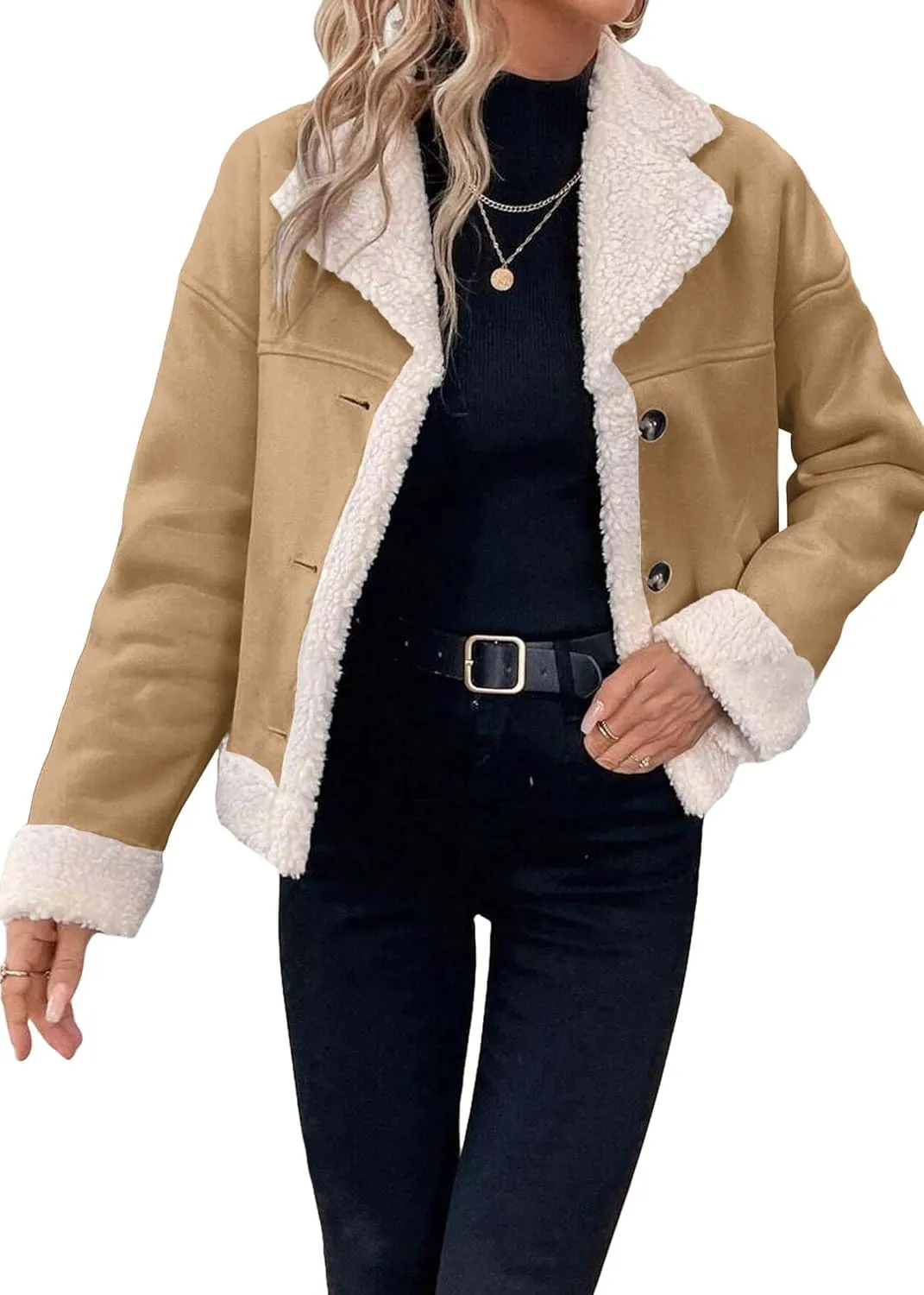 Womens Faux Suede Jacket Sherpa Lined Fur Leather 2025 Winter Warm Shearling Moto Button Front Fleece Fuzzy Coat