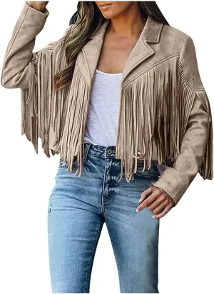 Womens Fringe Jackets Plus Size Faux Suede Coat Fashion Long Sleeve Cardigan Vintage Western Hippie Clothes
