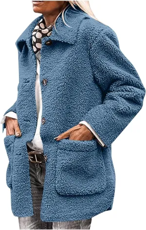 Womens Fuzzy Fleece Trench Coat Plush Sherpa Jacket Collared Button Down Sweater With Pockets Fall Fashion Outerwear