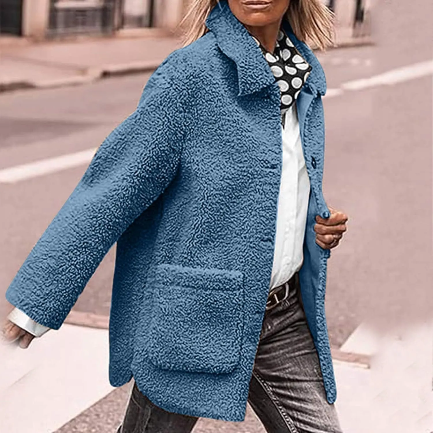 Womens Fuzzy Fleece Trench Coat Plush Sherpa Jacket Collared Button Down Sweater With Pockets Fall Fashion Outerwear