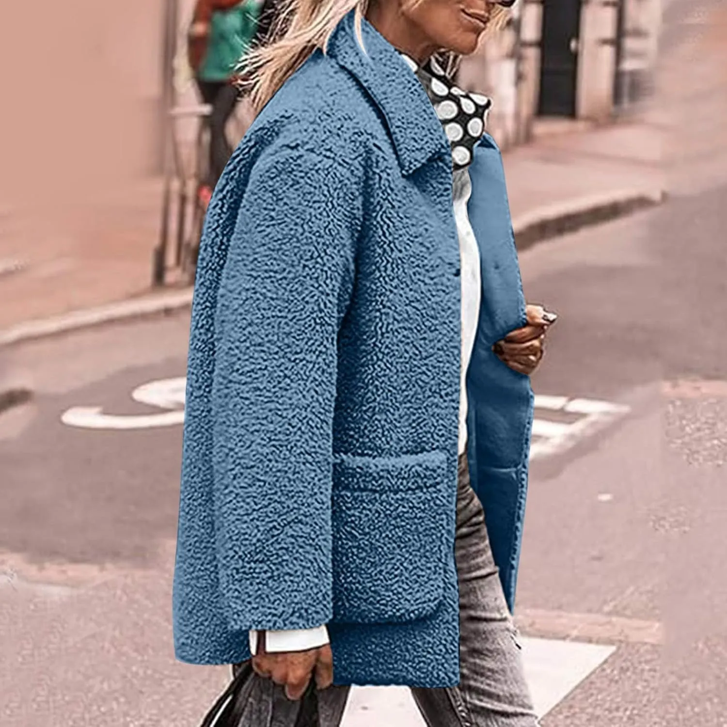 Womens Fuzzy Fleece Trench Coat Plush Sherpa Jacket Collared Button Down Sweater With Pockets Fall Fashion Outerwear