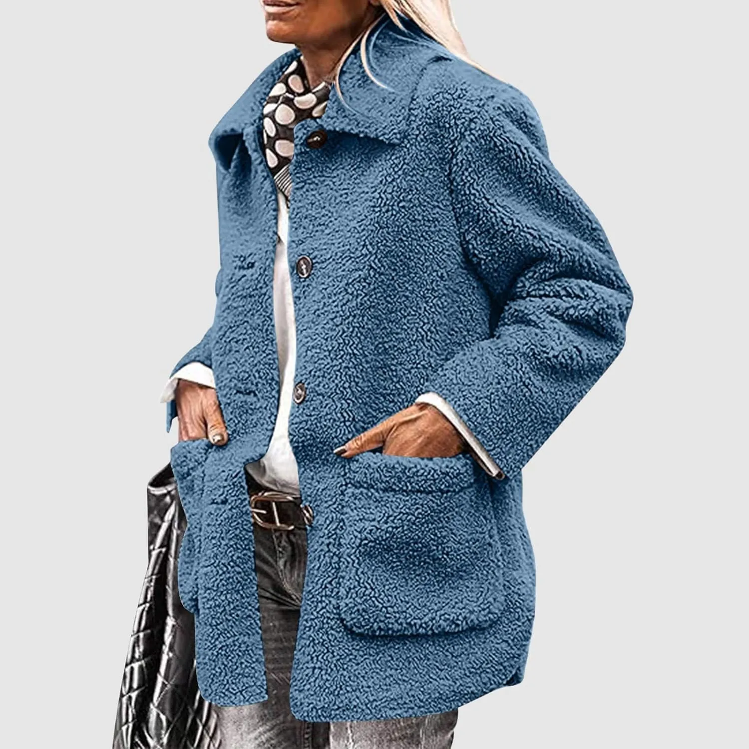 Womens Fuzzy Fleece Trench Coat Plush Sherpa Jacket Collared Button Down Sweater With Pockets Fall Fashion Outerwear