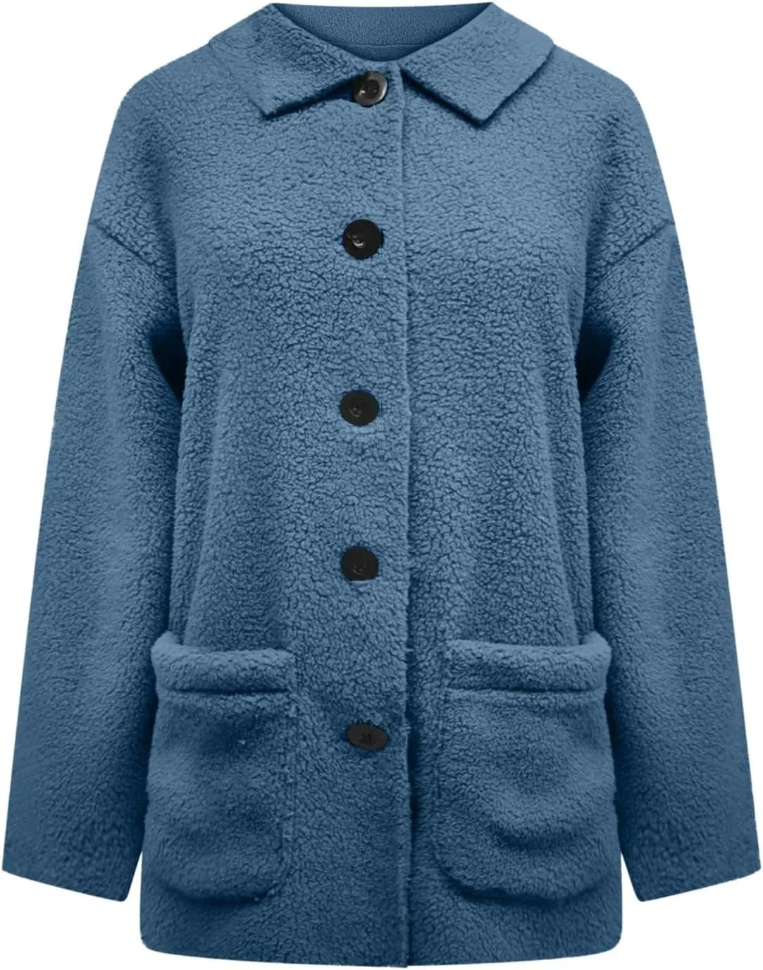 Womens Fuzzy Fleece Trench Coat Plush Sherpa Jacket Collared Button Down Sweater With Pockets Fall Fashion Outerwear