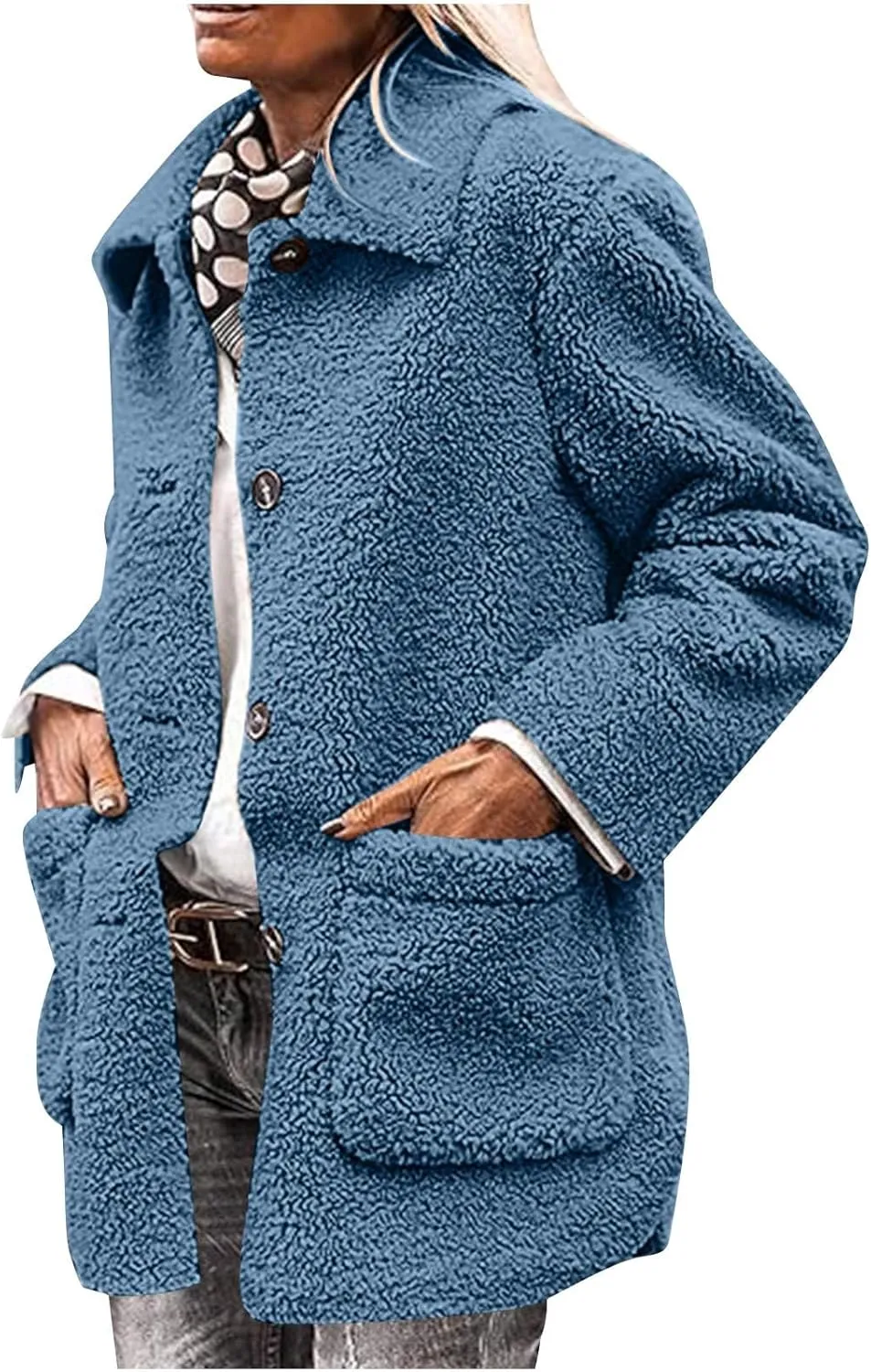 Womens Fuzzy Fleece Trench Coat Plush Sherpa Jacket Collared Button Down Sweater With Pockets Fall Fashion Outerwear