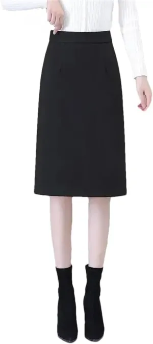 Women's Half Length Skirt Slit Thick A Line Office Bodycon Skirts High Waist Knee-Length Midi Skirt