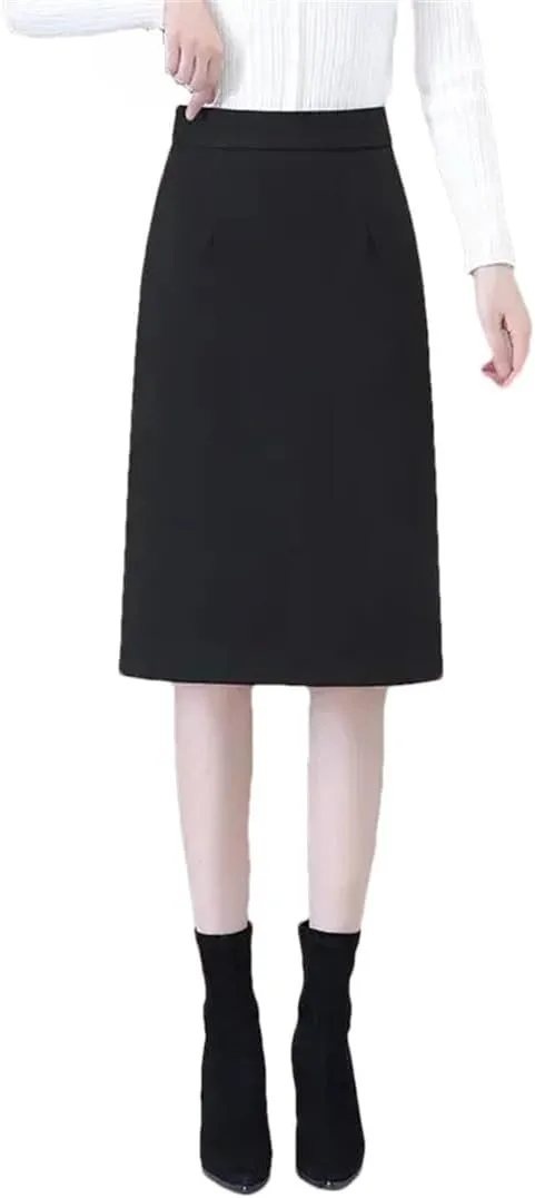 Women's Half Length Skirt Slit Thick A Line Office Bodycon Skirts High Waist Knee-Length Midi Skirt
