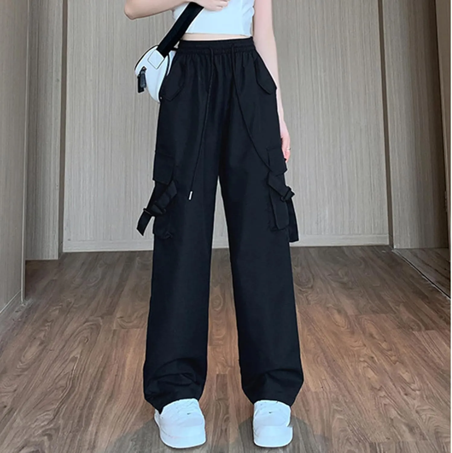 Womens High Rise Cargo Sweatpants Wide Leg Elastic Waist Pants Casual Loose Solid Color Lounge Trousers with Pockets