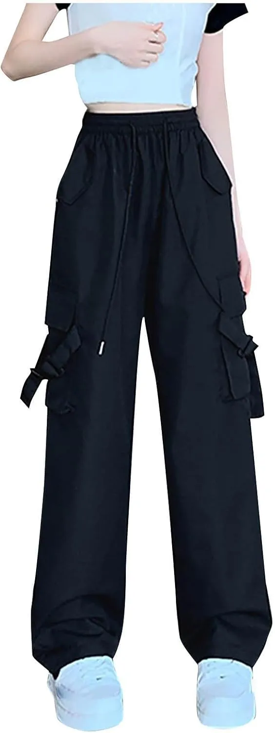 Womens High Rise Cargo Sweatpants Wide Leg Elastic Waist Pants Casual Loose Solid Color Lounge Trousers with Pockets