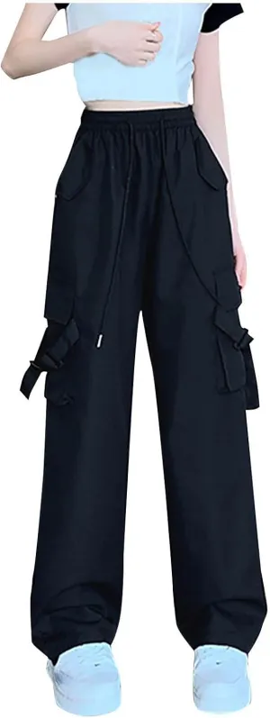 Womens High Rise Cargo Sweatpants Wide Leg Elastic Waist Pants Casual Loose Solid Color Lounge Trousers with Pockets