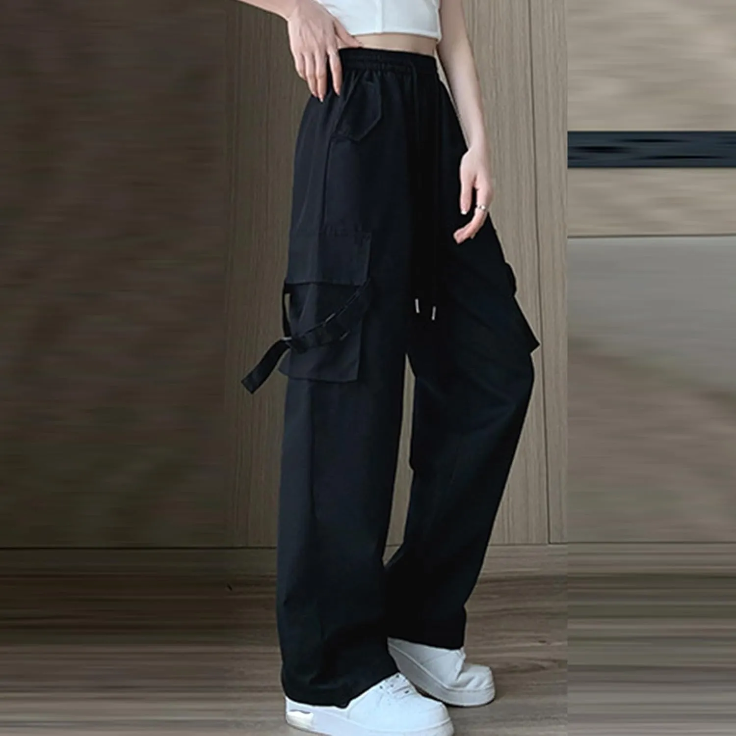 Womens High Rise Cargo Sweatpants Wide Leg Elastic Waist Pants Casual Loose Solid Color Lounge Trousers with Pockets