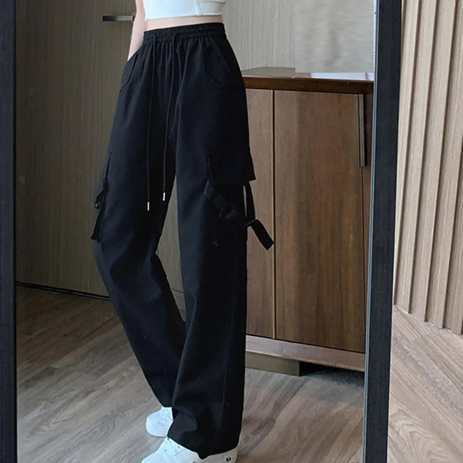 Womens High Rise Cargo Sweatpants Wide Leg Elastic Waist Pants Casual Loose Solid Color Lounge Trousers with Pockets