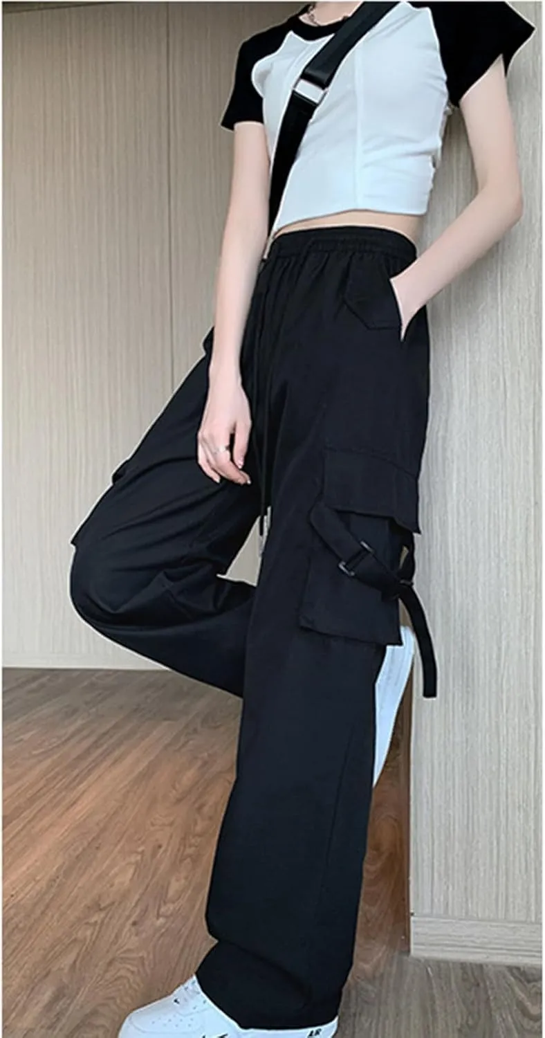 Womens High Rise Cargo Sweatpants Wide Leg Elastic Waist Pants Casual Loose Solid Color Lounge Trousers with Pockets