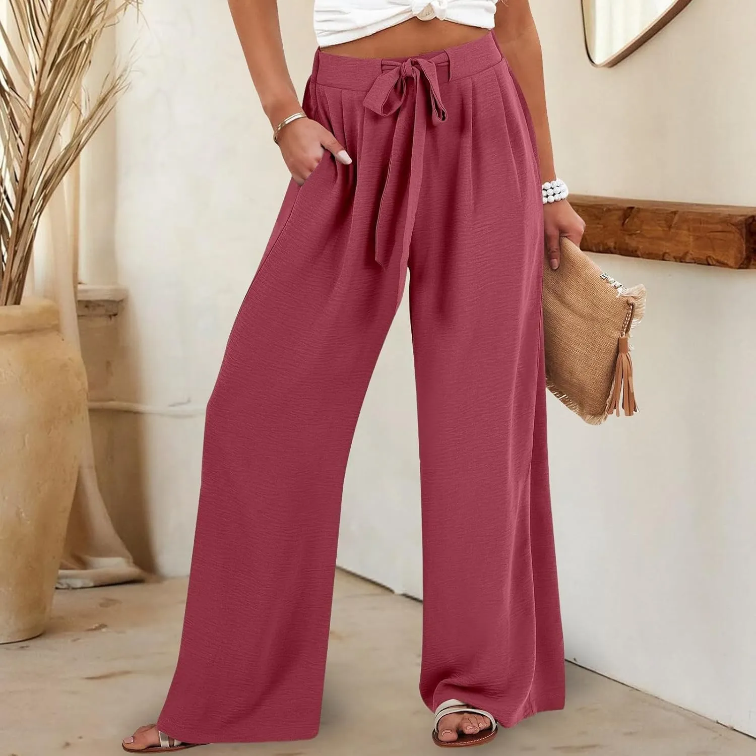 Women's High Waist Adjustable Tie Knot Flowing Wide Leg Dressy Casual Loose Fit Fashion Pants