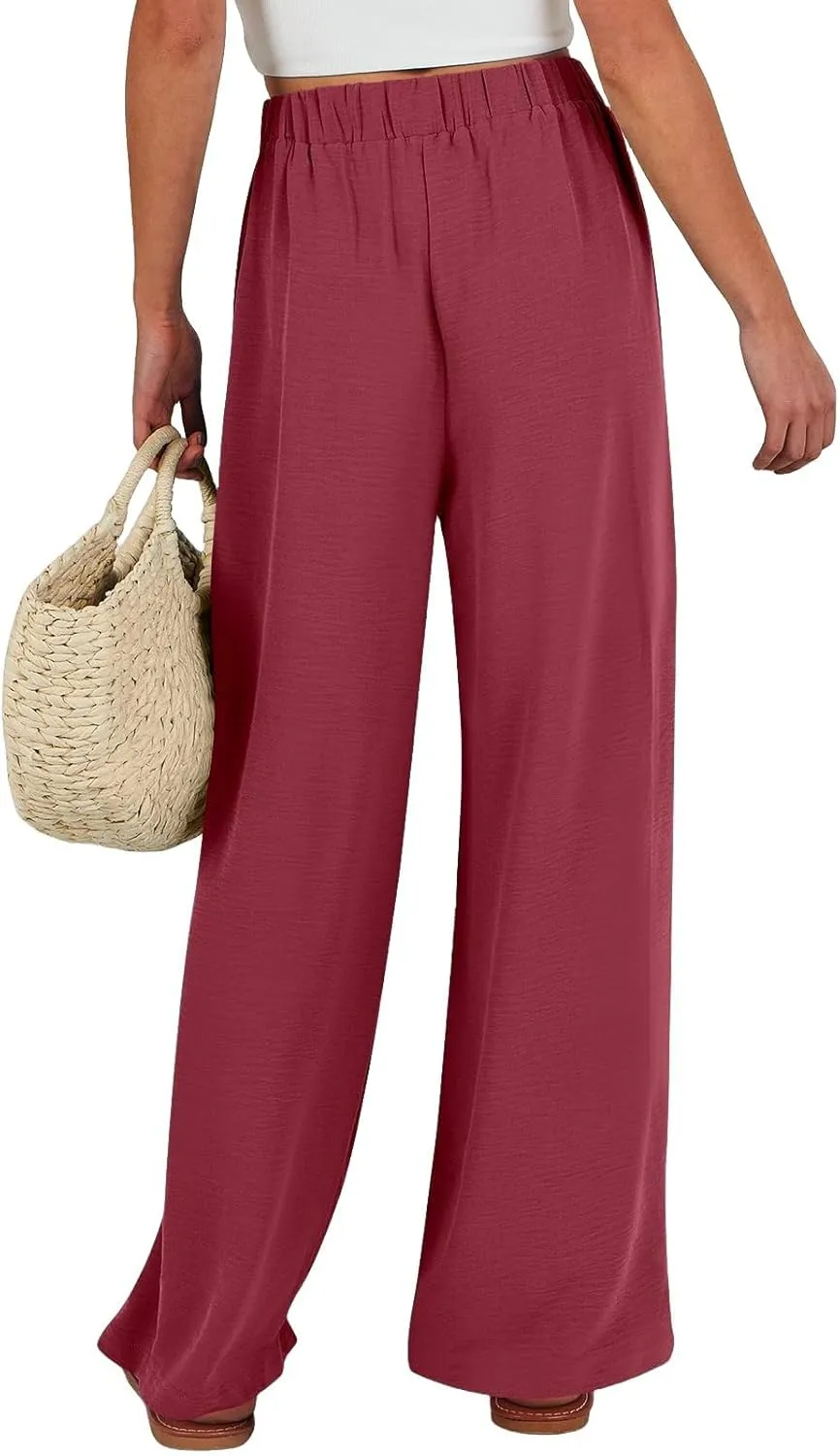 Women's High Waist Adjustable Tie Knot Flowing Wide Leg Dressy Casual Loose Fit Fashion Pants