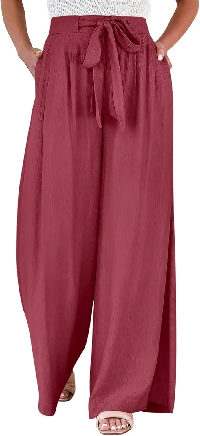 Women's High Waist Adjustable Tie Knot Flowing Wide Leg Dressy Casual Loose Fit Fashion Pants
