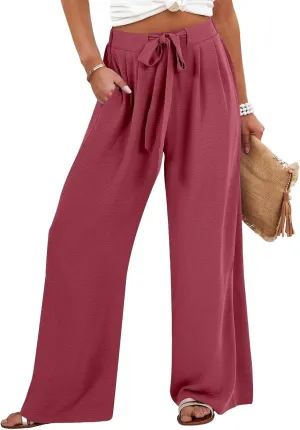 Women's High Waist Adjustable Tie Knot Flowing Wide Leg Dressy Casual Loose Fit Fashion Pants