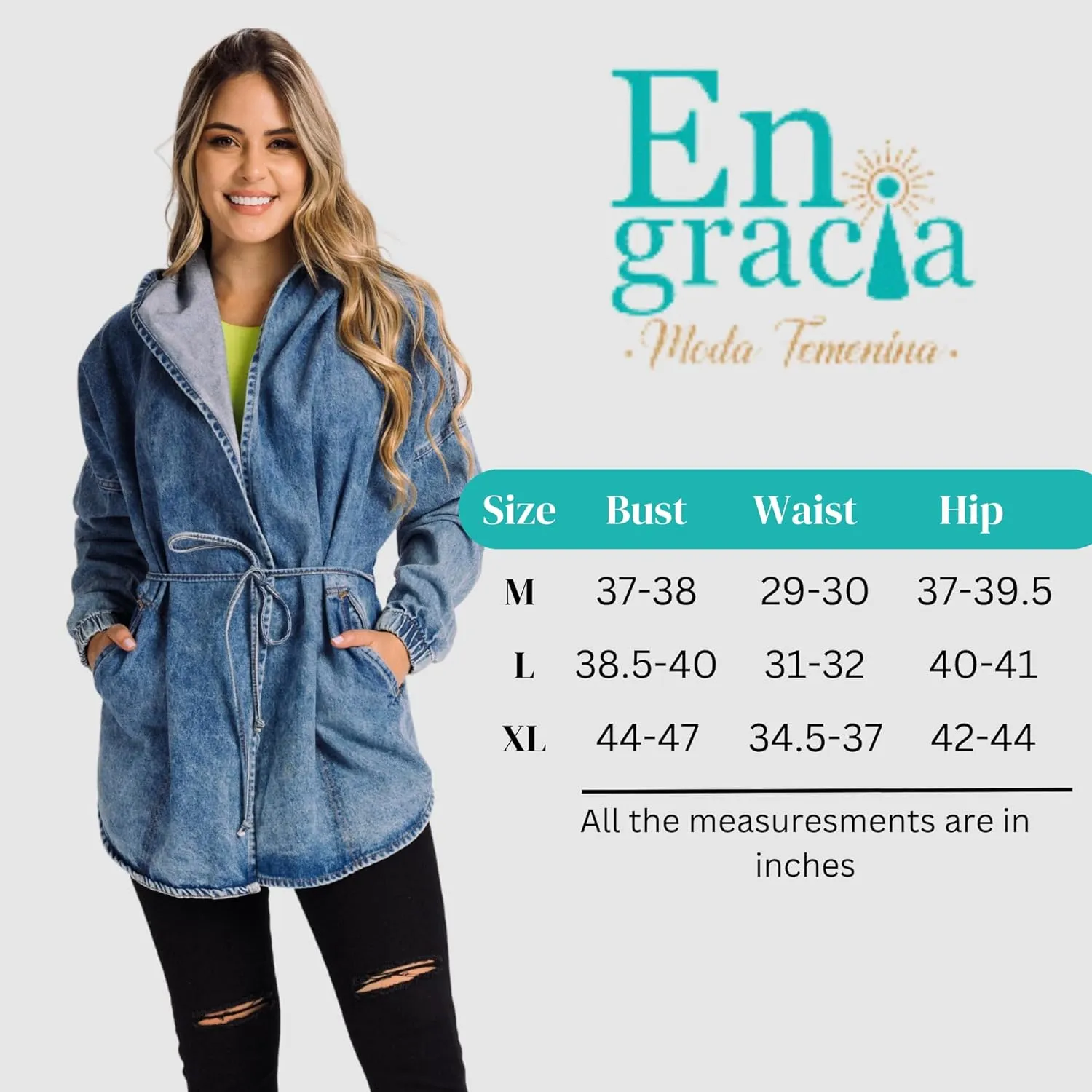 Womens hoddie denim Jacket Oversized tie waist jean jacket with hood