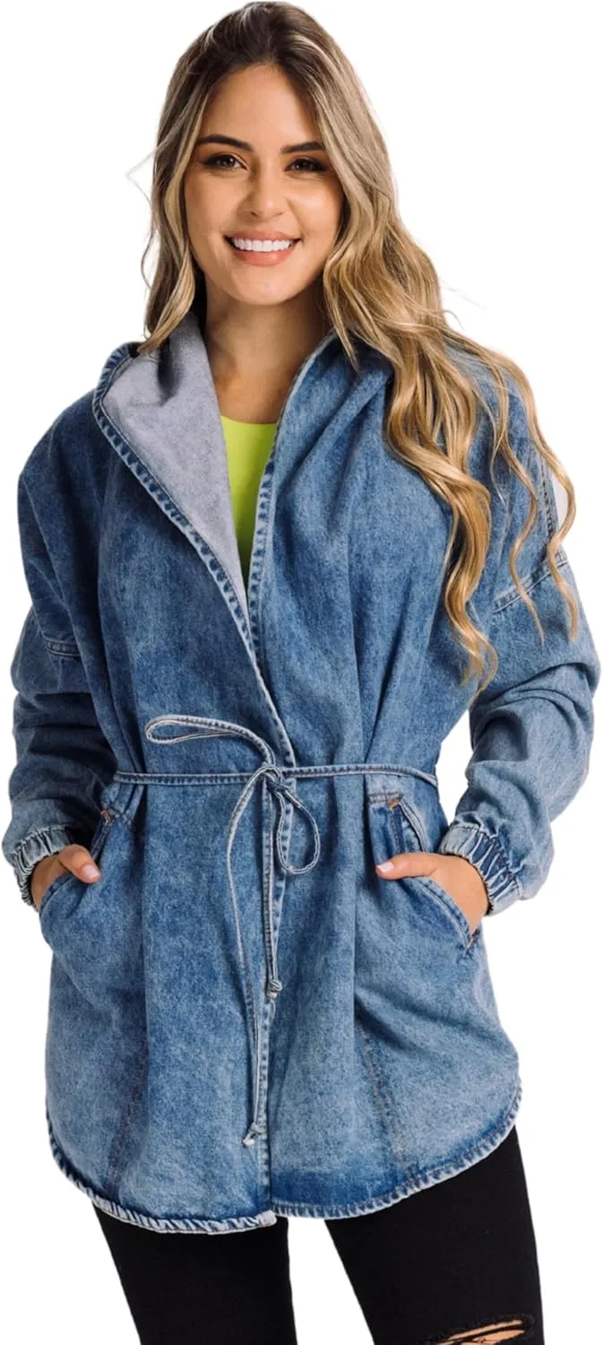 Womens hoddie denim Jacket Oversized tie waist jean jacket with hood
