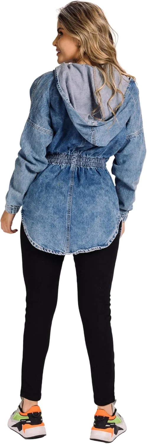 Womens hoddie denim Jacket Oversized tie waist jean jacket with hood