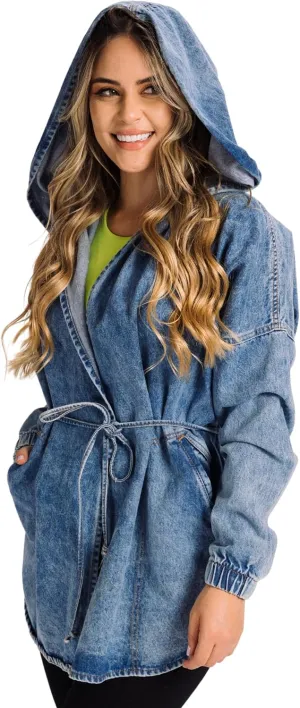 Womens hoddie denim Jacket Oversized tie waist jean jacket with hood