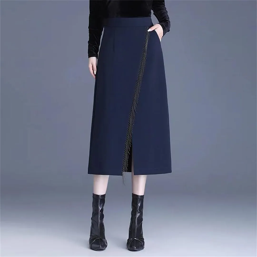 Women's Irregular Tassel Office Midi Skirt High Waisted Split Skirts